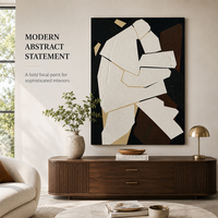 Peinture à l'huile abstraite cubiste en impasto, crème, noir, marron, abstrait géométrique, peinte à la main sur toile, décoration murale