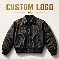 Blouson Bomber en Cuir Noir Personnalisé pour Homme, Style Moto, Fabricant OEM, Marque Privée, Boutons, Poignets Côtelés, Broderie