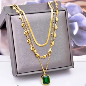 Collier en acier inoxydable à trois couches avec serrure, cœur, zircon vert, diamant pour femmes et filles, bijoux à la mode