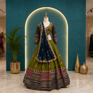 Tenue traditionnelle Chaniya Choli Lehenga vert olive avec dupatta brodée bleu marine pour Navratri et les occasions festives - Product Image 4