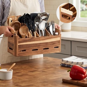 Boîte de rangement en bois pour ustensiles de cuisine avec compartiments, organisateur de bureau suspendu, couleur bois naturel, capacité 2L - Product Image 1