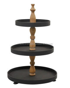 New Designed Wooden <b>Cake</b> <b>Server</b> With Wooden Black Coated Serving Three Tier Plates And Round Small Pedestal Support - Product Image 4