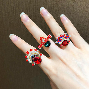 หน้ากากงิ้วปักกิ่งสไตล์จีนสำหรับผู้หญิง แหวนนิ้วชี้ประดับคริสตัลสีแดงและมุก ชุบด้วยไฟฟ้า สไตล์เกาหลี แบบคนดังในอินเทอร์เน็ต - Product Image 3