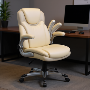 Chaise de bureau ergonomique de direction en cuir véritable avec accoudoirs rabattables, fonction bascule et base métallique à réglage manuel - Product Image 2