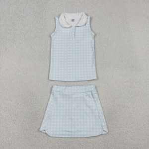 GSD3375  RTS tenue active pour fille, imprimé à carreaux bleus, vêtements pour enfants en gros, tenue de yoga pour fille, ensemble de jupe athlétique pour enfant - Product Image 2
