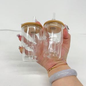 3oz Clear Pre Drilled Glitter <b>Double</b> <b>Wall</b> Glass Can Snow Globe Snowglobe Tumbler Cup <b>Mug</b> with Bamboo Lid and Hole - Product Image 3