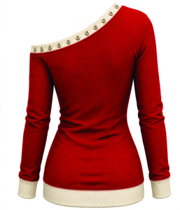Custom Women's Red Asymmetric <b>Off</b>-<b>Shoulder</b> Fleece Knitted <b>Long</b> <b>Sleeve</b> Streetwear Winter Sweatshirt Casual Streetwear <b>Tops</b> - Product Image 5