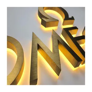 Customized Storefront 3D Outdoor Led Metal Backlight Letter Stainless Steel Sign Board Gold Color Led Backlit Letter Sign