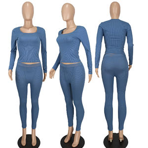 Logo personalizzato all'ingrosso a coste 2 pezzi in maglia da <span class=keywords><strong>donna</strong></span> abbigliamento da ginnastica primavera 2024 pantaloni da <span class=keywords><strong>donna</strong></span> e Top completo da <span class=keywords><strong>donna</strong></span> abito lavorato a maglia da <span class=keywords><strong>donna</strong></span> - Product Image 2