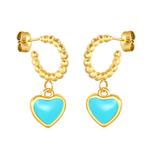 Boucles d'oreilles en forme de cœur, en alliage de zinc et acier inoxydable, émail bleu doré, pour femmes, cadeau, bijoux à la mode - Product Image 5