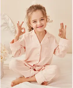 Çocuk kız Lolita yatak açma yaka pijama setleri pamuklu üst giyim + pantolon yürümeye başlayan çocuklar dantel pijama seti kız pijama Loungewear