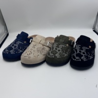 Sabots Boston en daim bleu marine à motif floral en cristal et strass pour femme, à bout fermé, avec boucle argentée, chaussures plates en liège – Vente en gros