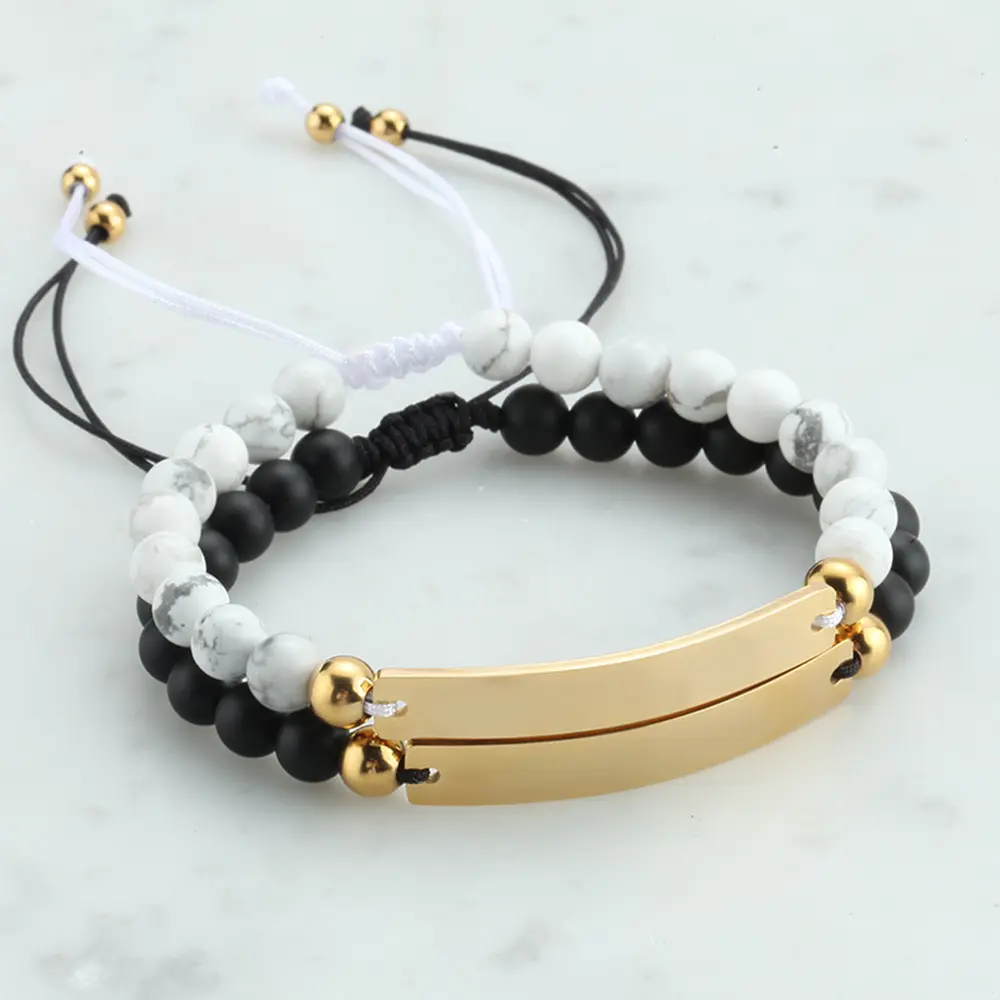 Bracelets en pierre naturelle pour homme, bijoux avec perles, en acier inoxydable, Logo personnalisé, barre d'identité, 2022