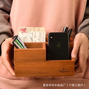 Wooden Desktop Storage <b>Box</b> With Partitions Retro Color Stationery Organizer For Office Supplies And <b>Makeup</b> Brushes - Product Image 2