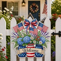 Panneau en bois moderne « Bienvenue Patriotique » – Décoration florale pour porte du 4 juillet, drapeau américain, décoration de porche pour la Fête de l'Indépendance