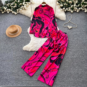 Completo da <span class=keywords><strong>donna</strong></span> a due pezzi con stampa astratta, camicia a maniche lunghe con bottoni e pantaloni a gamba larga, outfit casual per primavera, autunno e vacanze. - Product Image 4