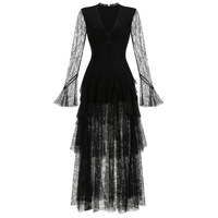 Nouvelle Robe Longue Plissée en Dentelle Style Gâteau pour Femme, à Manches Longues, Col en V, avec Nœud, Idéale pour Anniversaire ou Fête