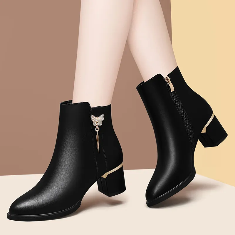 Fashion Women's Chelsea Boots Autumn British Martin Boots Round Head Thick Square High Heels Genuine Leather Women's Short Boots