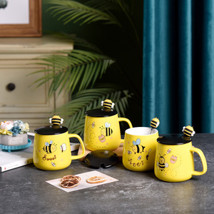 Lelyi Creative Cartoon <strong>Bee</strong> Breakfast Ceramic <strong>Mug</strong> with Lid Spoon Milk Cup - Product Image 3