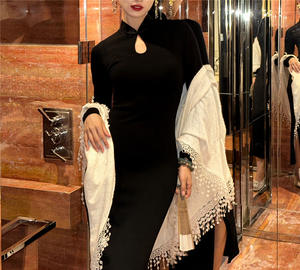 Abito in maglia a mezzo collo alto stile retrò francese da donna autunno inverno maniche svasate lunghe spacco <span class=keywords><strong>al</strong></span> <span class=keywords><strong>ginocchio</strong></span> Cheongsam bottoni indietro - Product Image 3