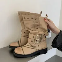 Bottines pour femmes à bout clouté, style punk, avec boucle de ceinture, talons carrés bas, fermeture éclair, design vintage printanier et empiècements de couleurs