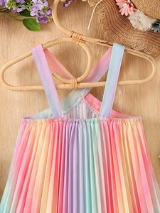 Sommerkleid für Babys ab 6 Monaten, Lässige Baumwollkleidung mit Knöpfen, Lebhaftes Regenbogen-Design, Plissierter Rock, Wellenförmiger Kragen, Prinzessinnenkleid in Knielänge - Product Image 4