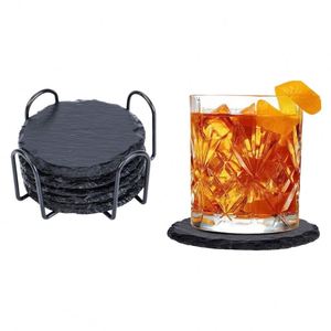 Elegant Round Handmade Slate Drink Coasters with Rack - Premium Stone <b>Mats</b> & Pads Perfect Tabletop Category for Home/<b>Bar</b> - Product Image 1