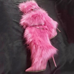 Custom Plush Women High Heels Fur <b>Long</b> Booties Metal Chain on Fluffy Knee High Boots Winter Furry Snow Shoes - Product Image 6