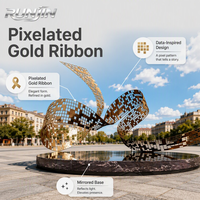 Sculpture d'art métallique abstraite en acier inoxydable poli miroir, motif ruban, effet pixelisé, pour espace public extérieur, statue de repère, fabrication sur mesure