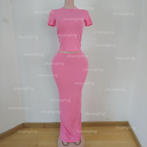 Completi da Donna Personalizzabili con LOGO, Set in Cotone e Spandex a Costine, 2 Pezzi: T-shirt e Gonna Lunga, Abbigliamento Loungewear Femminile - Product Image 2