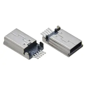 卧式迷你微型USB 2.0 b型公连接器5针SMT铁壳90度SMD迷你插头带位置