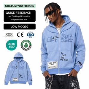 Sweat à capuche zippé personnalisé pour homme, style streetwear, coupe oversize, broderie 3D, en molleton 100% coton écologique, effet délavé, idéal pour l'automne - Product Image 1