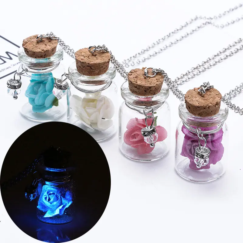 Popular Custom Beautiful Best Friend Women Luminous Rose Flower Glass Bottle Chain Pendant Necklace