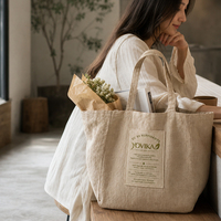 Sac fourre-tout léger en toile de jute avec poignée en corde, broderie ton sur ton, fond profond à soufflet, longue sangle, réutilisable