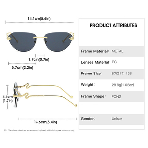 Lunettes de soleil œil-de-chat sans monture élégantes pour femmes, avec embellissement en métal en forme de <span class=keywords><strong>serpent</strong></span>, protection UV400, verres haute définition - Product Image 5