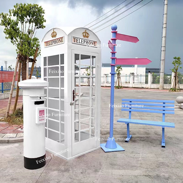 Factory Price Party Garden Furniture Decor White Iron Telephone Booth With Blue Pink Street Chair/Signpost/Movable Mailbox