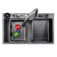 Évier de cuisine multifonctionnel intelligent en acier inoxydable, double cuvette avec cascade, poste de travail, lave-gobelet, porte-couteau, tout en un