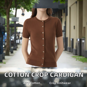 Cardigan en tricot décontracté 100 % coton pour femme, col rond, boutonné, manches courtes, coupe courte, style tee-shirt - Product Image 2
