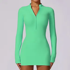 Vestido skintight de uma peça para mulheres, saia esportiva de manga comprida para ioga e emagrecimento, secagem rápida e fitness, com sensação de nu