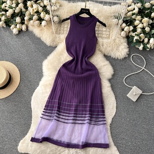 Robe longue d'été sexy en soie glacée pour femme, modèle sans manches en maille tricotée - Product Image 4