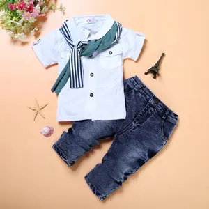 Set Pakaian Bayi Laki-laki, Kaus Kasual + Syal + Jeans 3 Potong Pakaian Musim Panas Anak-anak untuk Anak Laki-laki 2020 Baju Balita Laki-laki