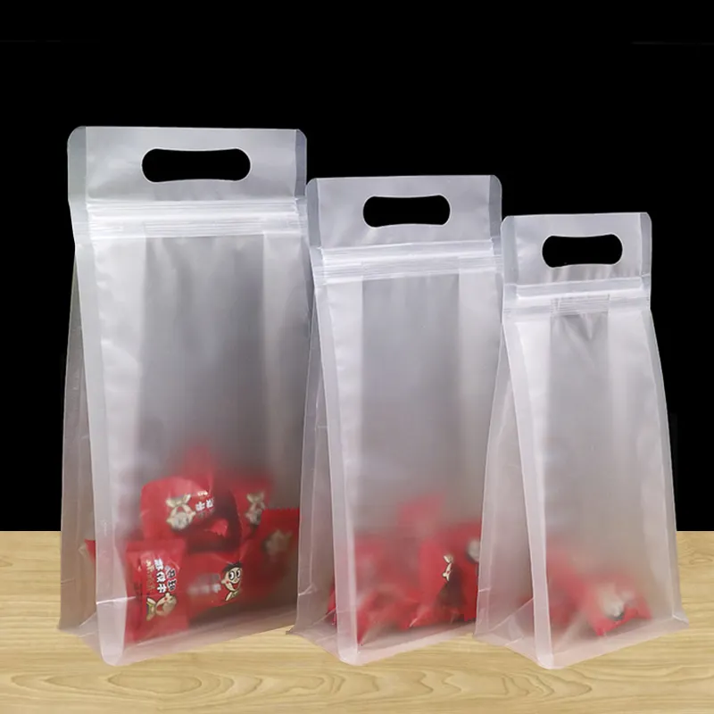 Wholesale High Quality matt Transparent Flat Bottom Pouch With Handle Zip Lock Bag Plastic Packaging Bag Zipper Top