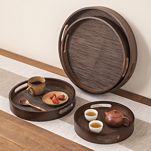 Plateau à thé en bambou avec poignée, imitation rotin, plateau rond pour servir du café, du thé, des collations, usage domestique - Product Image 3