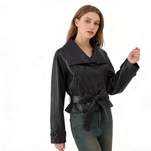 Cappotto <span class=keywords><strong>Trench</strong></span> Corto <span class=keywords><strong>in</strong></span> Ecopelle PU da Donna - Giacca Doppiopetto con Cintura Sehe Fashion - Product Image 5