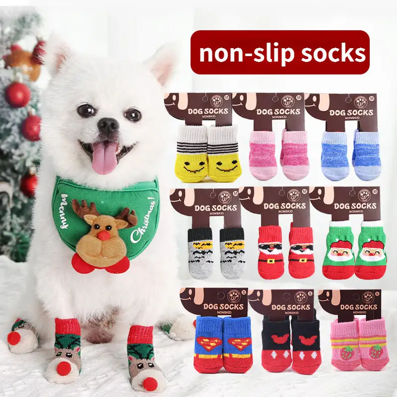 Pet socks 4Pcs/Set Anti-Slip Knit Dog Cat Socks with Rubber Reinforcement Christmas Pet Dog Socks