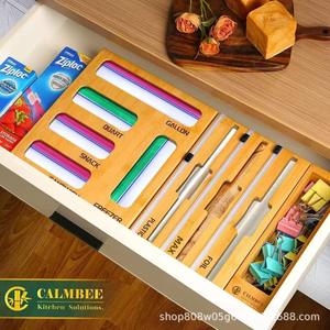 Calmbie Bamboo Food Wrap Dispenser Storage Box For <b>Plastic</b> Foil And Zipper Bags Kitchen <b>Drawer</b> <b>Organizer</b> Rectangle Wood Grain - Product Image 2
