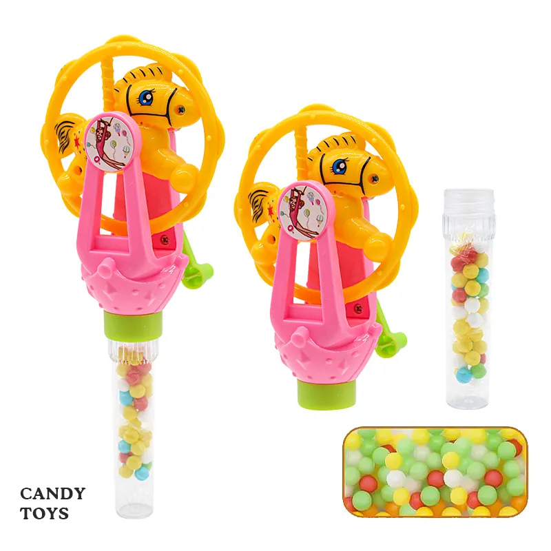 Shantou Plastic Suikerspeelgoed Nieuwigheid Dier Rollend Paard Gevuld Snoepspeelgoed Met Snoepbuis
