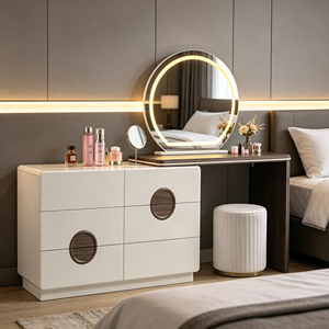Tocador de maquillaje moderno blanco con espejo LED redondo, gabinete de almacenamiento y taburete para dormitorio. - Product Image 5