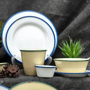 Restaurant Wholesale Price White Yellow Enamel Design Rimmed Ceramic Dinning Plates Sets Dinnerware Tableware