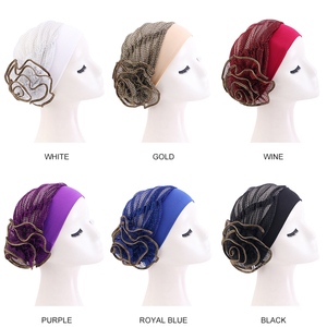 Mode noir grande fleur <span class=keywords><strong>Snood</strong></span> adulte musulman chimio casquette cheveux tête Wrap Turban pour les femmes mariage - Product Image 4
